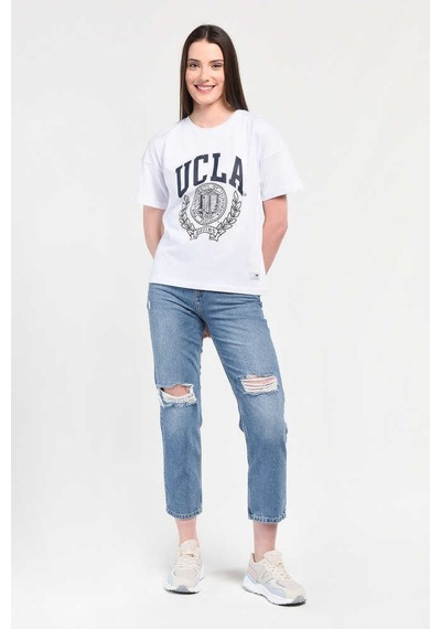 Ucla Avalon Beyaz Bisiklet Yaka Baskılı Oversize Kadın Tshirt Beyaz