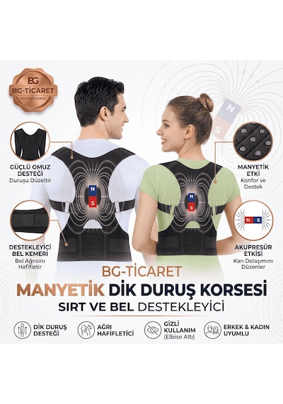Manyetik Dik Duruş Korsesi Ayarlanabilir Omuz Sırt Bel Destekleyici Kamburluk Önleyici Unisex Siyah Günlük Kullanım