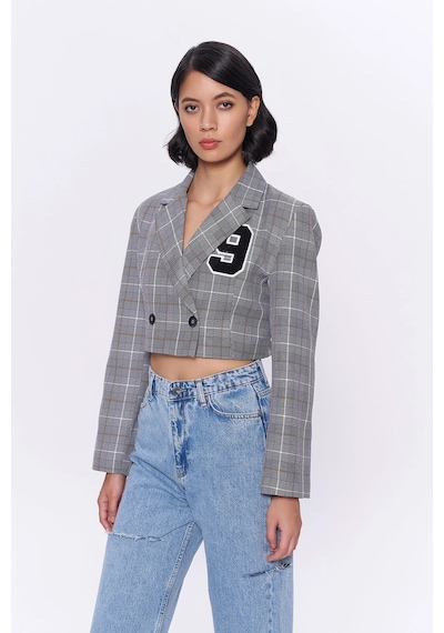 Kareli Çift Düğmeli Crop Blazer Ceket Gri Gri