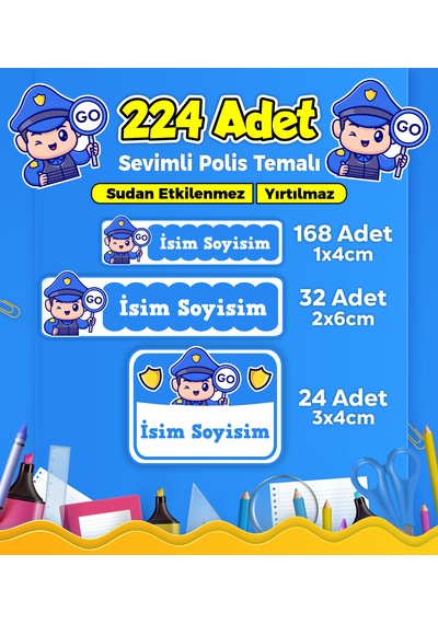 Sevimli Polis Temalı Okul Kreş Kişiye Özel İsim Etiket Seti - Model 314 Çok Renkli