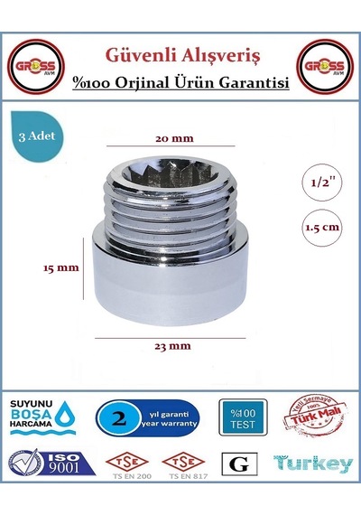 1/2'' Musluk Uzatması - 1.5cm - Paslanmaz Çelik - 3 Adet