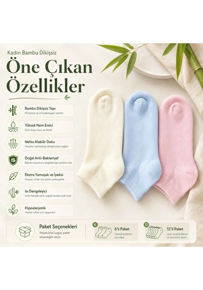 Genel Kadın Bambu Dikişsiz Patik Çorap 12'li Nefes Alan Nem Emici Yumuşak, Kr Çok Renkli 12 Li / 36-40