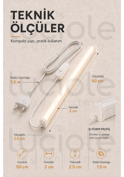 220v Günışığı Led Bar 50 Cm Fişli Anahtarlı Yapışkanlı Tezgah Altı Dolap İçi Aydınlatma