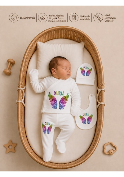 Pia Baby Yeni Doğan Kız Bebek 4 Parça Hastane Çıkışı Seti %100 Pamuk Kişiye Özel İsimli Battaniyeli Tulum Set 2051bt3x Ekru