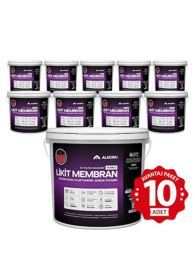 Alkoru 10 Adet 13 Kg Kırmızı Kumlu Likit Membran Renkli Reçine Esaslı Sıvı Su Yalıtım Malzemesi Avantaj Paket