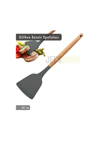 Silikon Servis Spatula Mutfak Kaşığı Pasta Spatulası Ahşap Saplı 32 Cm Diğer