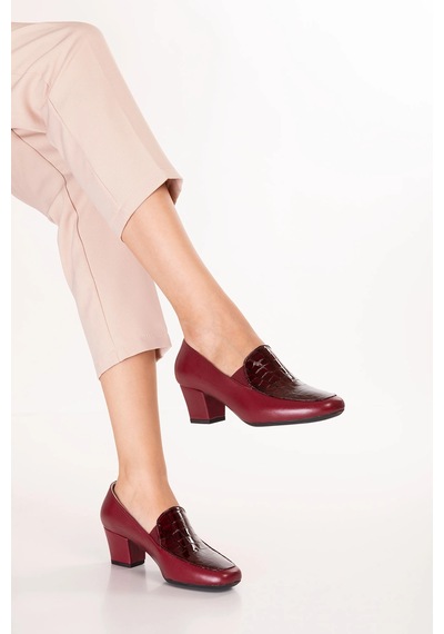 Gondol Hakiki Deri Kısa Topuklu Ayakkabı Vdt.61 Bordo Croco