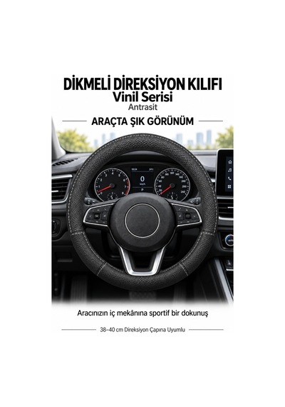 Trobus Skoda Fabia 2022-2025 Uyumlu Dikmeli Direksiyon Kılıfı Vinil Antrasit