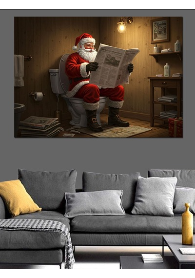 Tuvalette Gazete Okuyan Noel Baba Dekoratif Kanvas - Mdf Ahşap Tablo