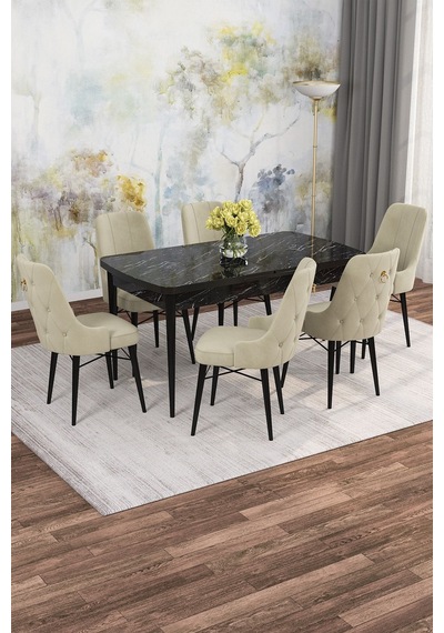Mona Siyah Mermer Desen 80x132 Açılabilir Mdf Masa Yemek Odası Takımı, Mutfak Takımı 6 Adet Sandalye Siyah Mermer - 6 Krem - Siyah Ayak Mona Siyah Mermer Desen 80x132 Açılabilir Mdf Masa Yemek Odası Takımı, Mutfak Takımı 6 Adet Sandalye Siyah Mermer - 6 Krem - Siyah Ayak