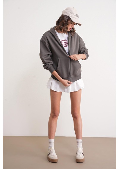 Mixray 2023 Unisex 3iplik Basic Polarlı Fermuarlı Sweatshirt Hoodie Antrasit