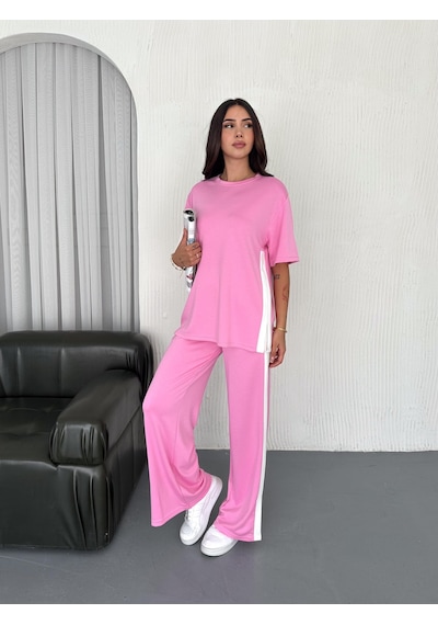 Elaxi Modal Şeritli Yırtmaç Detaylı Pantolon Tişort Takım Pembe