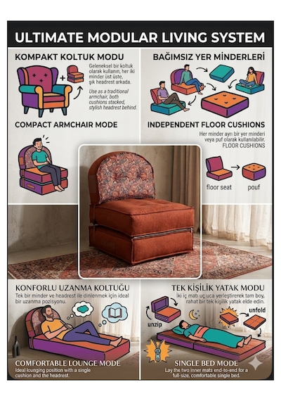 Reyo Pufymax Comfy Plus Oval Bohem Tekli Koltuk Yatak Olabilen Katlanır Berjer & Modüler Yer Yatağı 75x75x 90 Cm Kiremit Desenli