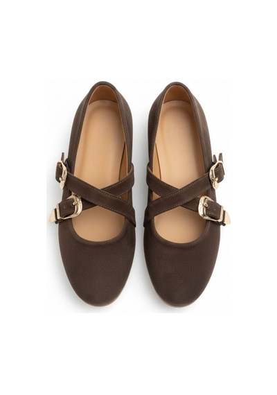 Ne&ve Shoes Kahve Süet Hakiki Deri Çapraz Bantlı Aksesuar Detaylı Kadın Yuvarlak Burun Babet Kahverengi