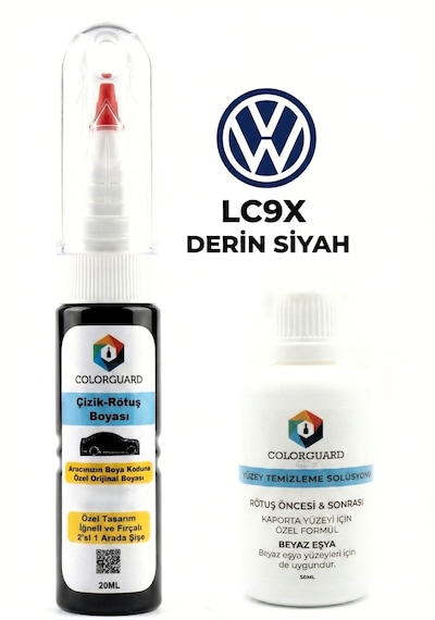 Volkswagen Lc9x Derin Siyah İğneli & Fırçalı Şişe Rötuş Boyası Ve Yüzey Temizleme Solüsyonu Seti