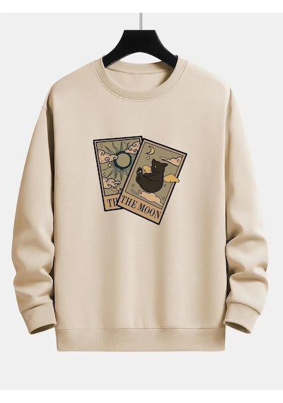 Uyguntarz Unisex Tarot Kart Baskılı Oversize Sweatshirt Bej