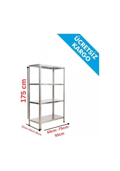 Raf Burada  4 Katlı Galvaniz Çelik Raf H:175 cm-- Depo, Arşiv, Kiler, Dosya, Market Rafı-43x75 cm-0.70 mm