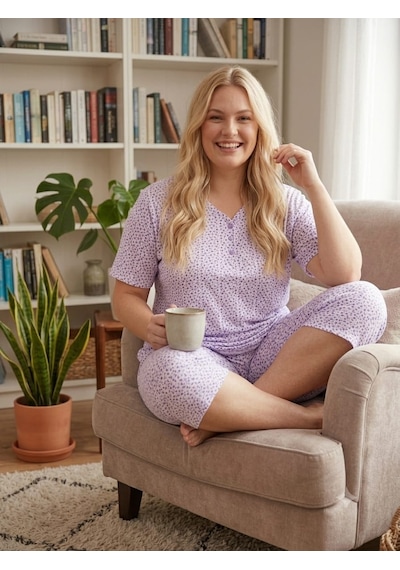 Büyük Beden Kısa Kol Kapri Pamuklu Likralı Pijama Takımı 8642 Lila