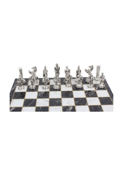 Lüks Metal Satranç Takımı Krom Kaplama Osmanlı Vs Bizans Orduları Siyah Mermer Desenli Tahta 20 Cm