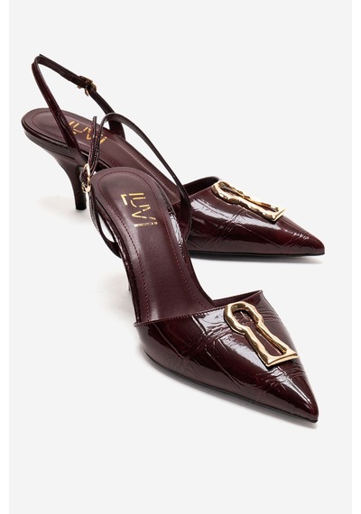 Luvishoes Yvella Bordo Rugan Baskı Tokalı Sivri Burunlu Kadın Topuklu Ayakkabı
