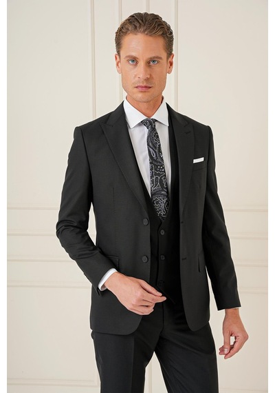 Efor Slim Fit Kırlangıç Yaka Çift Yırtmaçlı Yelekli Klasik Siyah Takım Elbise Tk 895 Siyah Efor Slim Fit Kırlangıç Yaka Çift Yırtmaçlı Yelekli Klasik Siyah Takım Elbise Tk 895 Siyah