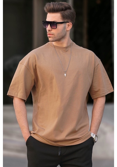 Madmext Erkek Kapuçino Oversize Fit Basic Tişört 6066 Kapuçino