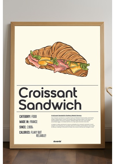 Croissant Sandwich Ahşap Çerçeveli Poster, Dekoratif Mutfak Duvar Tablosu
