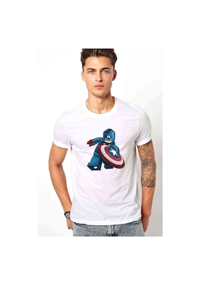 Captain America Lego Baskılı Beyaz Erkek Tshirt