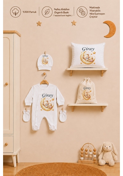 Pia Baby Erkek Bebek %100 Pamuk Hediye Seti 6 Lı İsimli Keseli Tulum Şapka Eldiven Battaniye Ve Yastık Kılıfı 1064tybk0x Krem