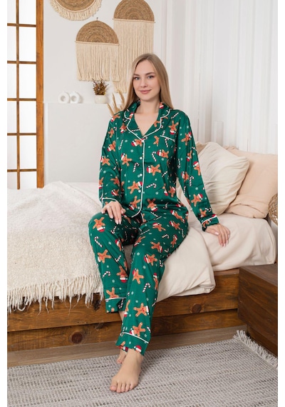 Lüks Saten Pijama Takımı Düğmeli, Cepli Ve Arabiyeli Yeşil