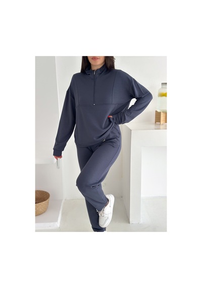 Gugus Kadın Yarım Fermuarlı Model Beli Lastikli Dar Paça Eşofman Takımı Füme