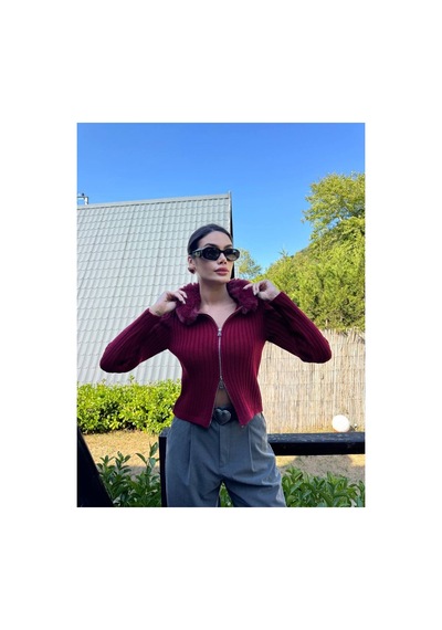 İkrafashion Yakası Kürklü Triko Hırka Bordo Bordo