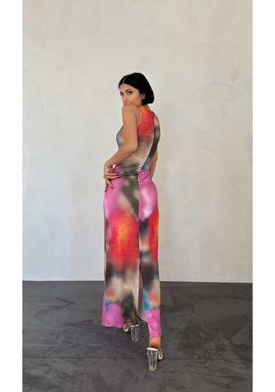 Dogutrend Bej Batik Desenli Elbise