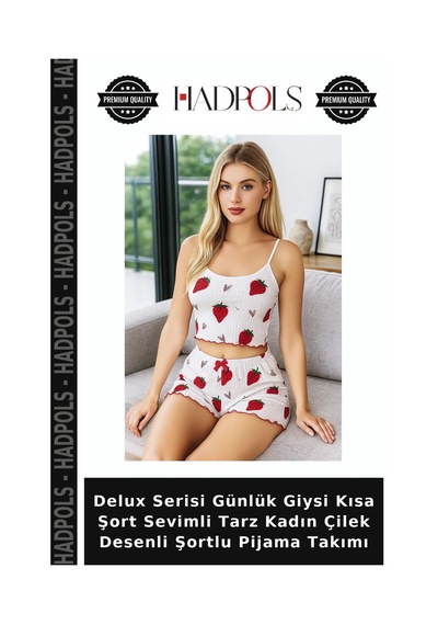 Hadpols Delux Serisi Günlük Giysi Kısa Şort Sevimli Tarz Kadın Çilek Desenli Şortlu Pijama Takımı Pembe
