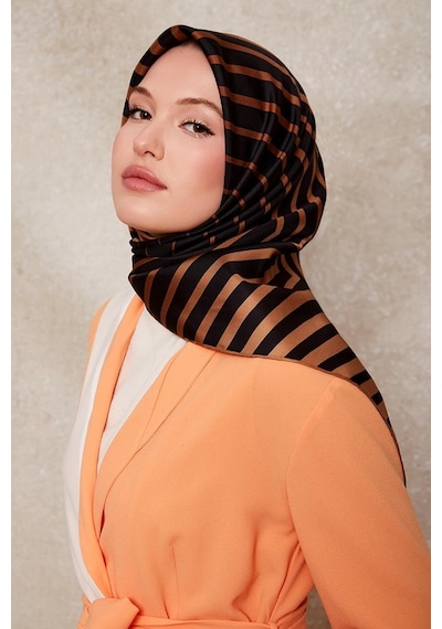 Levidor Şerit Desen Twill İpek Eşarp-0909 Camel