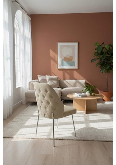 6 Adet Gri Metal Ayaklı Sandalye Babyface Kumaş Mutfak Salon Yemek Masası Sandalyesi Krem