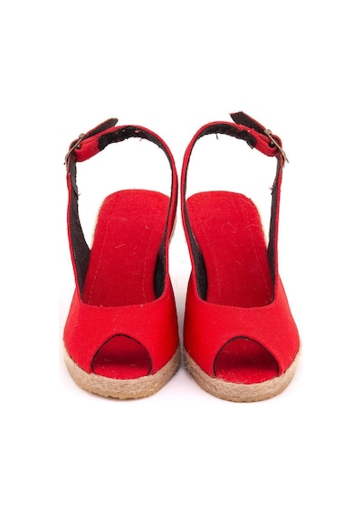 Gerçek Elişi Burnu Açık Arkası Bantlı Dolgu Topuk Kırmızı Keten Hasır Espadril Handmade Kırmızı