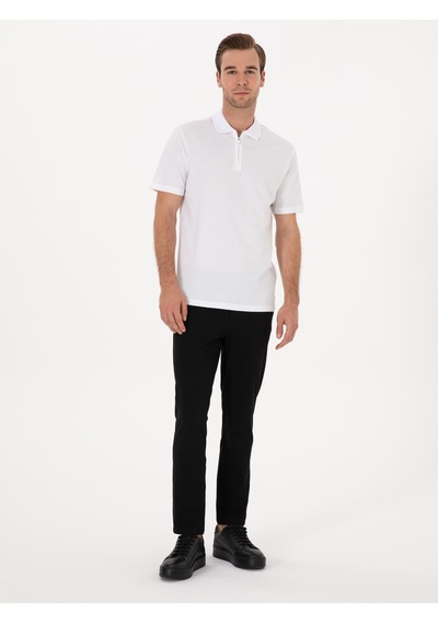 Beyaz Regular Fit %100 Pamuk Fermuarlı Polo Yaka T-shirt