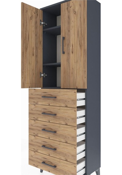 Arges Dolap 3 Raflı 5 Çekmeceli 2 Kapaklı 60x30x182 Antrasit-çam Antrasit