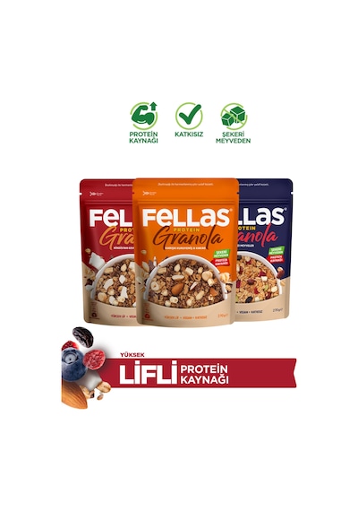 Fellas Protein Granola 3'lü Mix Paket - Hindistan C. & Kırmızı Meyveler & Karışık Kuruyemişli 270 G
