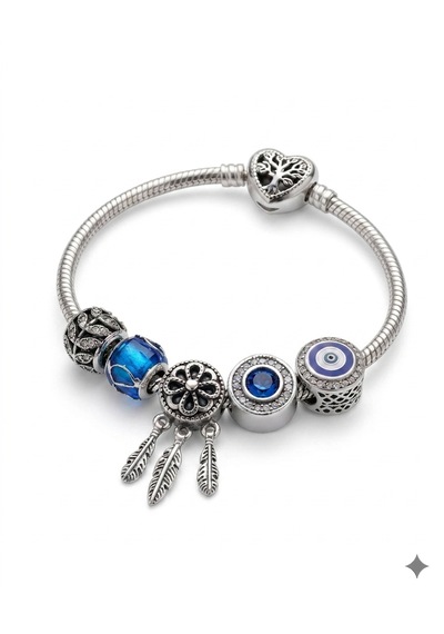 Kadın Taşlı Yaprak, Mavi Top, Rüya Kapanı, Mavi Taşlı , Nazar Boncuğu Charmlı Çelik Kalp Kilit Bileklik 18 Cm Silver Kadın Taşlı Yaprak, Mavi Top, Rüya Kapanı, Mavi Taşlı , Nazar Boncuğu Charmlı Çelik Kalp Kilit Bileklik 18 Cm Silver