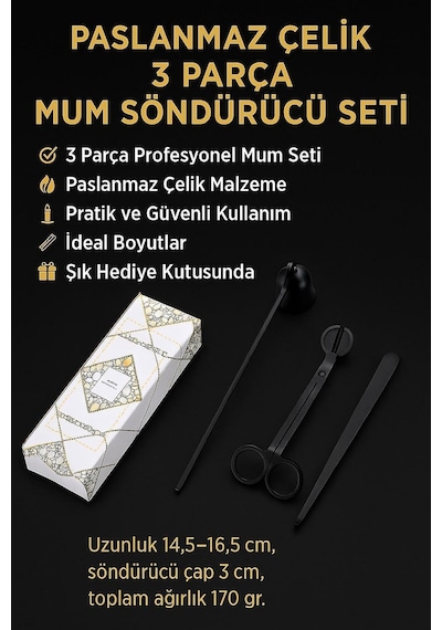 Paslanmaz Çelik 3 Parça Siyah Saplı Mum Söndürücü Mum Makası Cımbızı Cin819sy Diğer