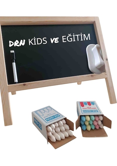 Drn Kids Ve Eğitim Küçük Boy Masa Üstü Yazı Tahtası 15 Renkli Tebeşir ,15 Beyaz Tebeşir Silgi Ve Kalem Ahşap