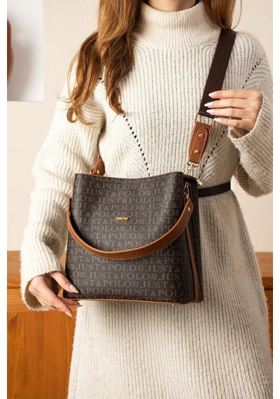 Just Polo Kadın Monogram Baskılı El Ve Omuz Çantası Ebat 25 X 25 Kahve Taba