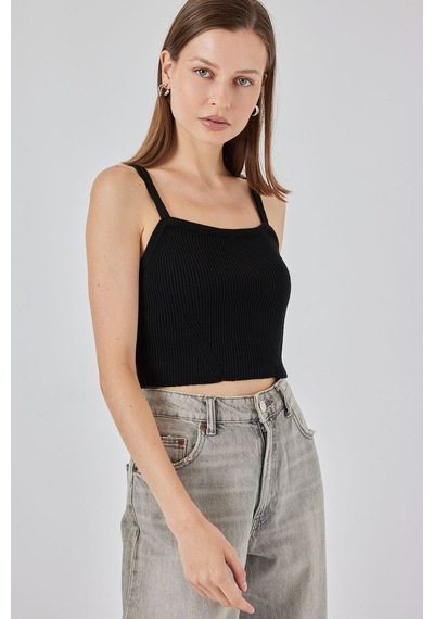 Hiccup Bdart Kare Yaka Ribana Örgü Crop Top Siyah