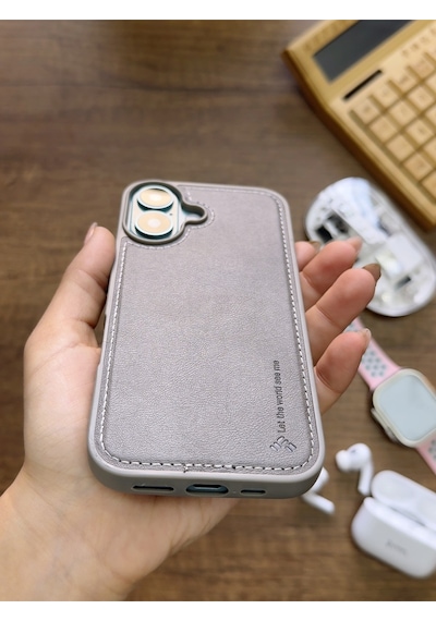 Apple iPhone 16 Uyumlu Premium Deri Dokulu Darbelere Karşı Dayanıklı Nazal Silikon Kılıf Gri