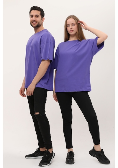 Unisex Mor Oversize Bol Kalıp T-shirt Çift Kombini Mor