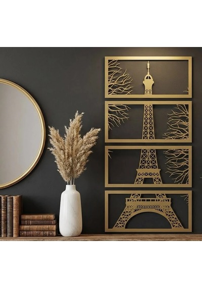 Eyfel Kulesi Metal Tablo 4'lü Set Lazer Kesim Paris Duvar Tablosu
