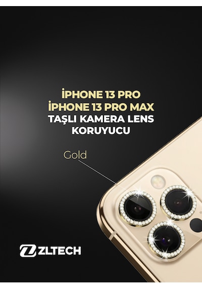 İphone 13pro/13promax Uyumlu Taşlı Kamera Lens Koruyucu Gold