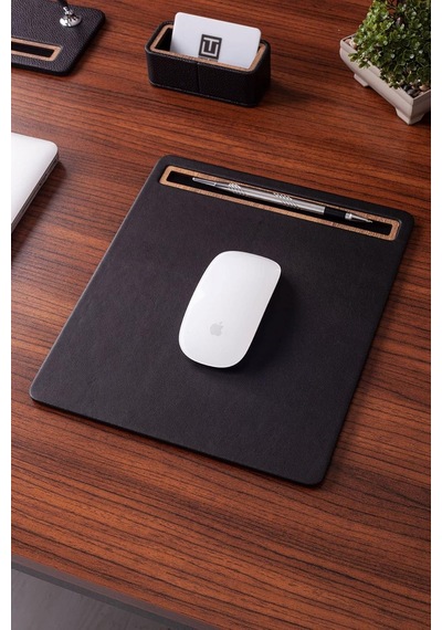 Deri Mousepad Düz Siyah Ahşap Detaylı